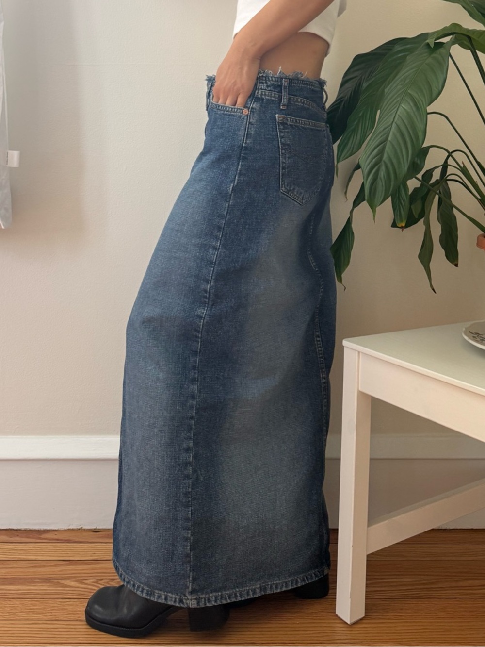 Vintage Paris Blues 100% Cotton Frayed Waist Front Slit Long Denim Skirt Size 5